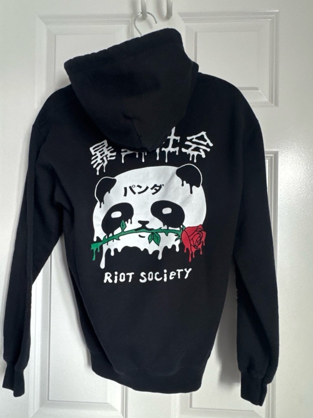 riot society Black Hoodie with Panda and Red Rose Graphic